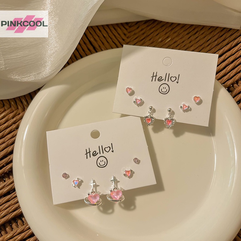 Pinkcool ขายดี ต่างหูสตั๊ด คริสตัล รูปหัวใจ สีชมพู Y2K สไตล์เกาหลี พังก์ เครื่องประดับ สําหรับผู้หญิง 6 ชิ้น ต่อชุด