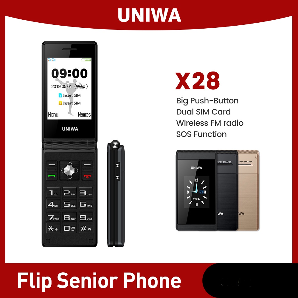Uniwa X28 โทรศัพท์มือถือ แบบฝาพับ GSM ปุ่มกด ขนาดใหญ่ โทรศัพท์มือถือ รุ่นพี่ ซิมคู่ วิทยุ FM