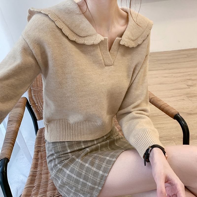 เสื้อกันหนาวแขนยาว ผ้าถัก คอตุ๊กตา ขนาดเล็ก สไตล์ฝรั่งเศส เรโทร เหมาะกับฤดูใบไม้ร่วง และฤดูหนาว สําหรับผู้หญิง