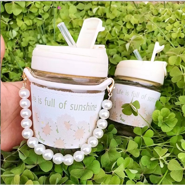 GZ market ปลีก/ส่ง แก้วกาแฟ กระบอกน้ำ น่ารัก พร้อมหลอด หูหิ้วไข่มุก 350ML
