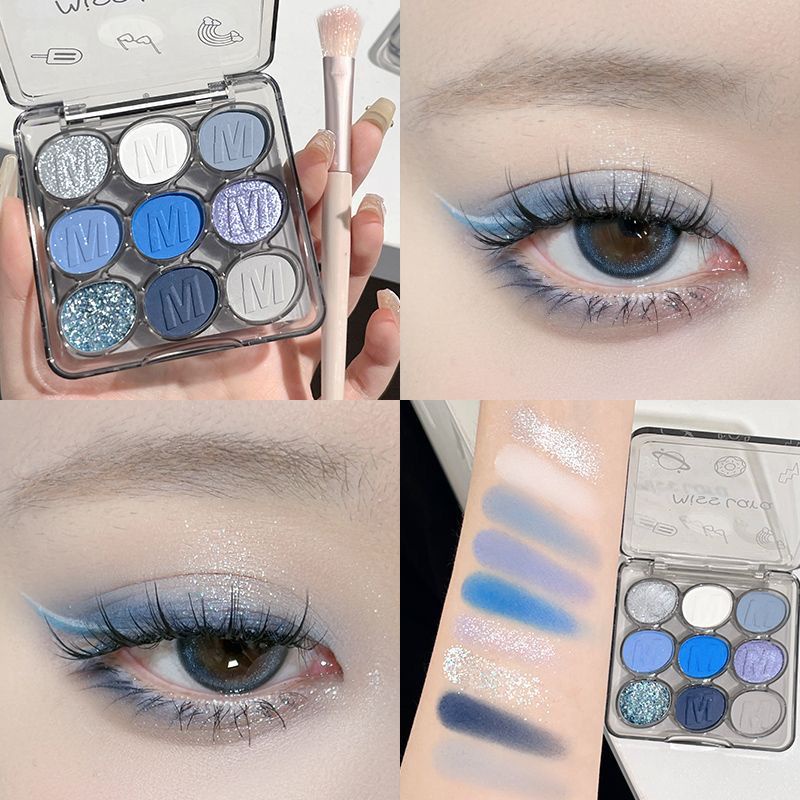 Spot# Blue Smoked Hot Girl! Nine Colors Eye Shadow Plate Matte Shimmer Green Thin and Glittering Purple Female Cut-off Eye Makeup Daily 12cc