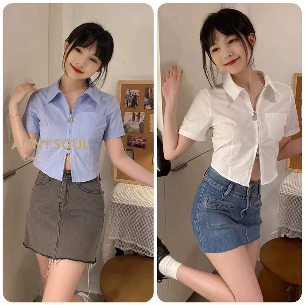 เสื้อครอปแขนสั้น แต่งซิปตรงกลาง สีพื้น สไตล์เกาหลี สําหรับผู้หญิง