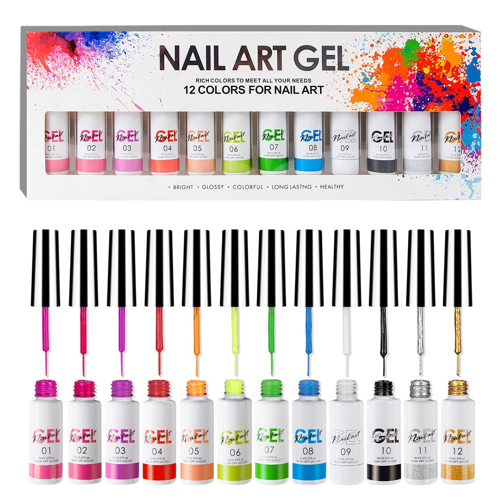 ชุด12สี 8ml. สีเจล สีเจลสำหรับเพ้นท์เล็บ สีเจลลากเส้น 12 Colors Gel Paint Nail Art