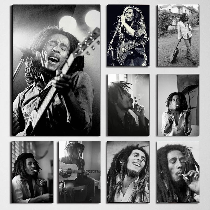 Bob Marley ภาพโปสเตอร์ บนผ้าใบ ลายดาว สีดํา สีขาว สําหรับตกแต่งผนังบ้าน ห้องของขวัญ