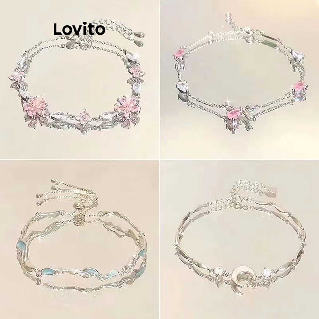 Lovito โรแมนติก ดวงจันทร์ โบว์ ดอกไม้ พลอยเทียม เพทาย ดอกซากุระ เพื่อนรัก สร้อยข้อมือ สําหรับผู้หญิง LFA12539