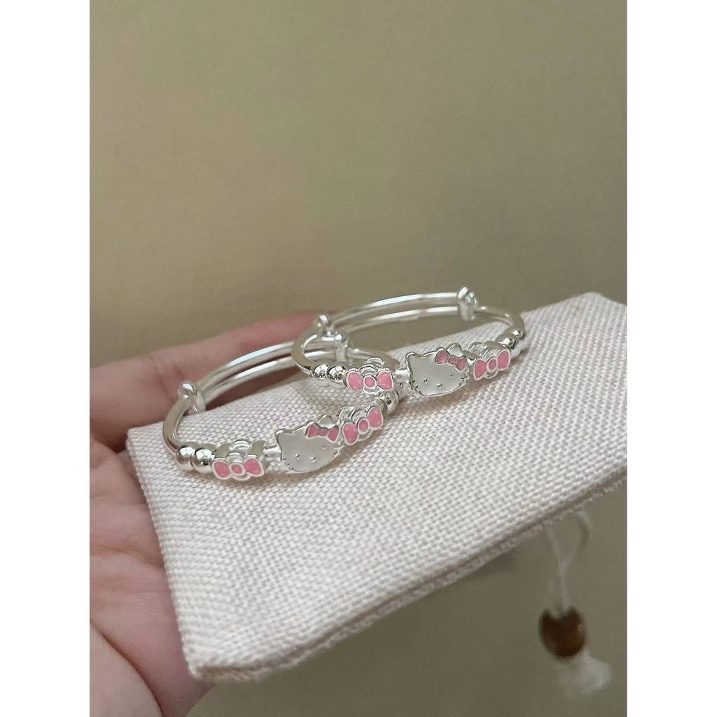 เงินแท้ 999kt Cat Baby Sterling Silver Bracelet Bow Baby Push-Pull Bracelet ของขวัญวันเกิดเดือนแรก