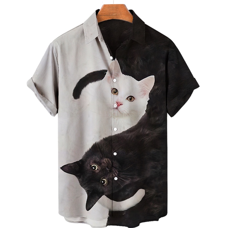 เสื้อเชิ้ตแขนสั้น พิมพ์ลายการ์ตูนแมวน่ารัก 3 มิติ ทรงหลวม สไตล์ฮาวาย แฟชั่นฤดูร้อน สําหรับผู้ชาย – โปรปัง
