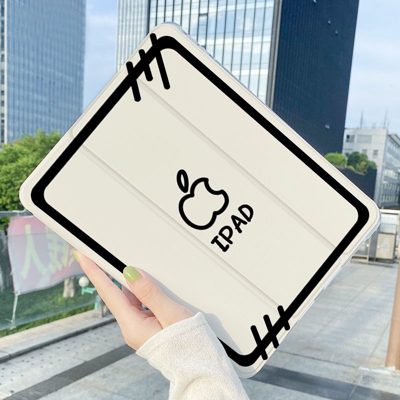 เคสipad Air4/Air5 10.9/Gen7/Gen8/9 Gen10 Air3 10.5/Air1/2 9.7Mini 4 5 Pro11 2021 Gen5/gen6 Mini6 การ์ตูนสีดําสีขาวApple TPUซิลิโคนสามพับiPadพร้อมที่วางปากกา