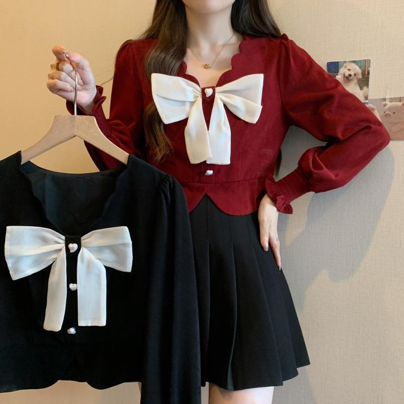 พร้อมส่ง New สไตล์เกาหลีแขนยาวอารมณ์สบายน่ารักปมคริสต์มาสขนาดใหญ่เสื้อเชิ้ตโบว์สีแดงใหม่ด้านบนเลเย