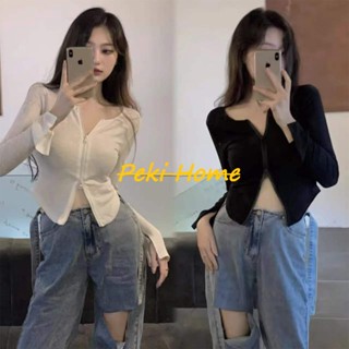 เสื้อครอปแขนยาว แต่งซิปด้านหน้า รูดขึ้นลงได้จริง สไตล์เกาหลี