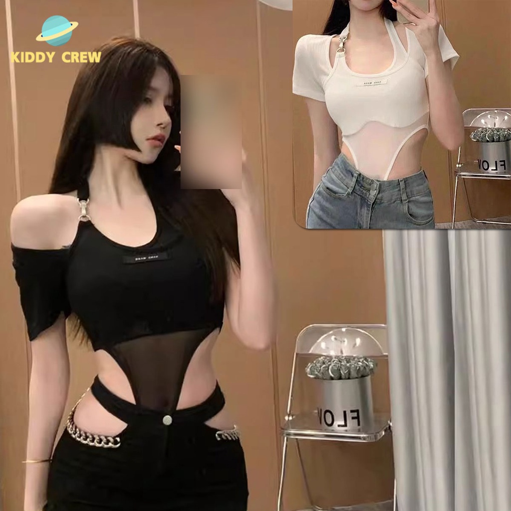 เสื้อบอดี้สูทคอกลม เว้าเอว แขนสั้น โชว์เอวแบบมั่น