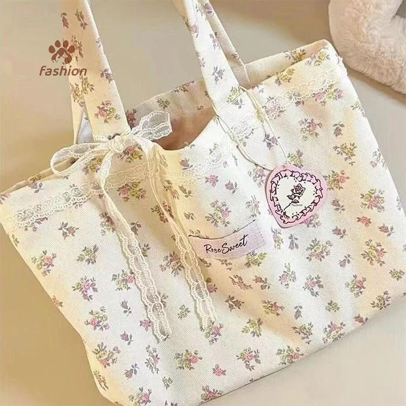[แฟชั่น] ความจุขนาดใหญ่ Fragmented Flowers Pattern Tote Bag Fashion Sweet With Lace Bow Storage Handbags Canvas Handbag {TH}