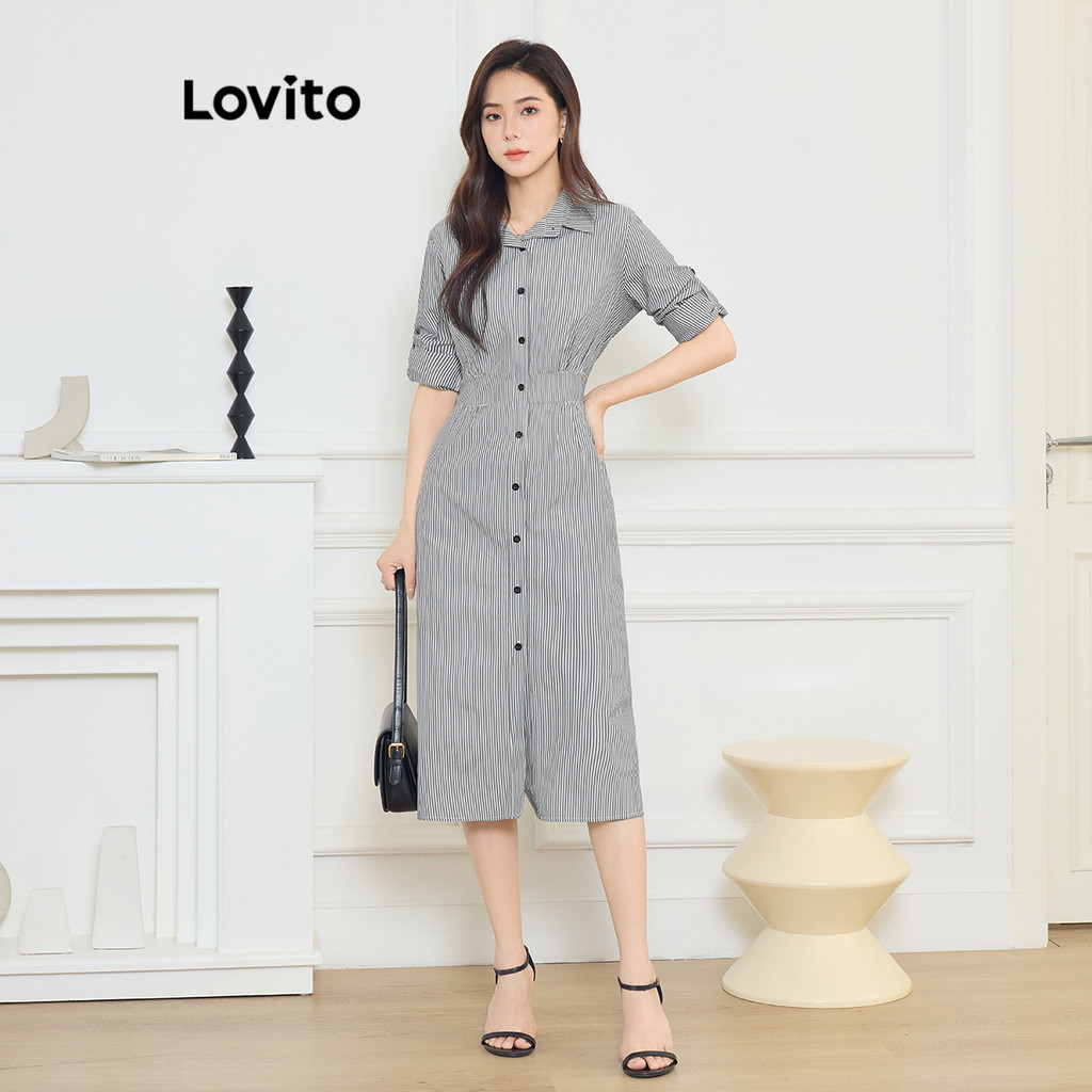 Lovito ชุดเดรส สีบล็อกลายทางลำลองสำหรับผู้หญิง L104ED388
