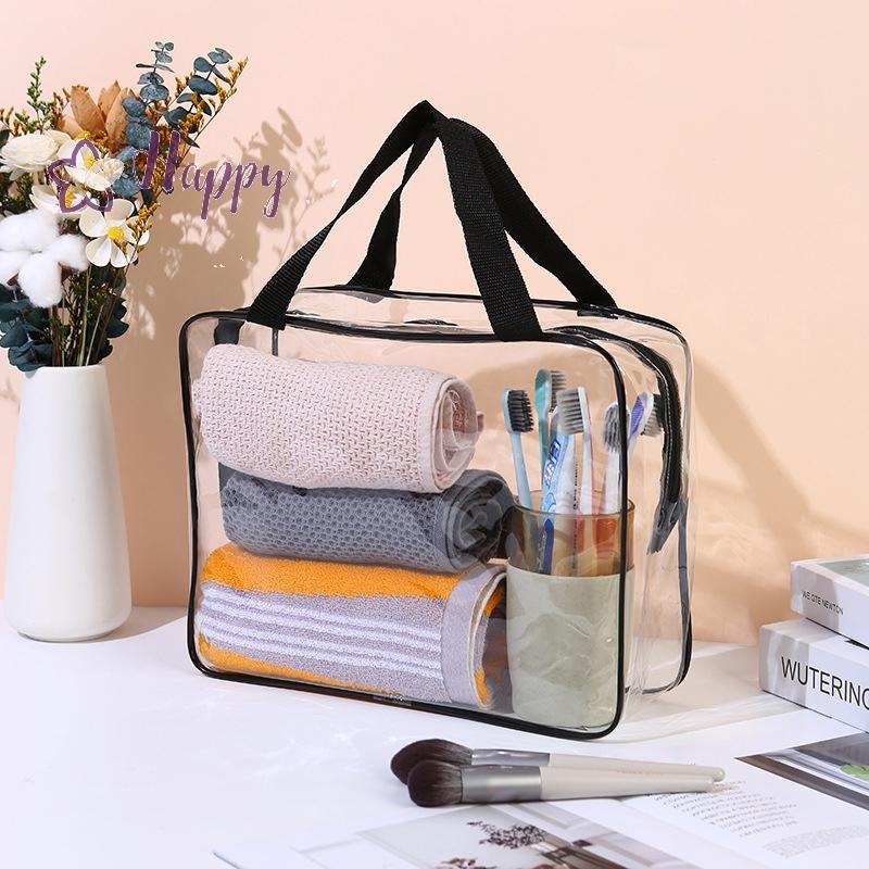 <Happybay> กระเป๋าเครื่องสําอางใส PVC ผู้หญิงซิปกระเป๋าแต่งหน้าใสกรณีความงาม Travel Make Up Organizer Storage Bath Toiletry Wash Bag ลดราคา