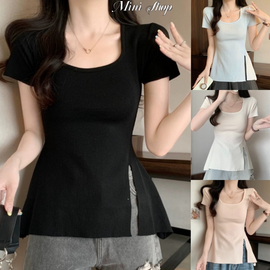 Mini shop🌸พร้อมส่ง🌸(D113)ผู้หญิงสีทึบลูกเรือคอสั้นแขนเสื้อยืดขนสัตว์ด้านข้างร่องรายละเอียดพอดีออกแบบ เสื้อยืดผู้หญิง