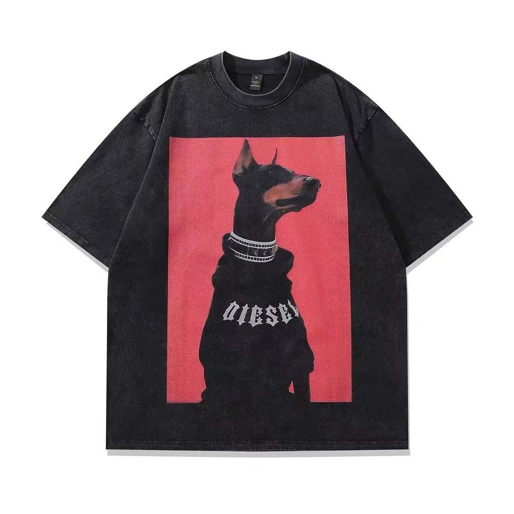 (จัดส่งตลอด 24 ชั่วโมง)เสื้อยืดฟอก เสื้อยืด Oversize ‘Diesel Doberman’ สไตล์วินเทจ เสื้อฟอกวินเทจ คอตตอน 100%
