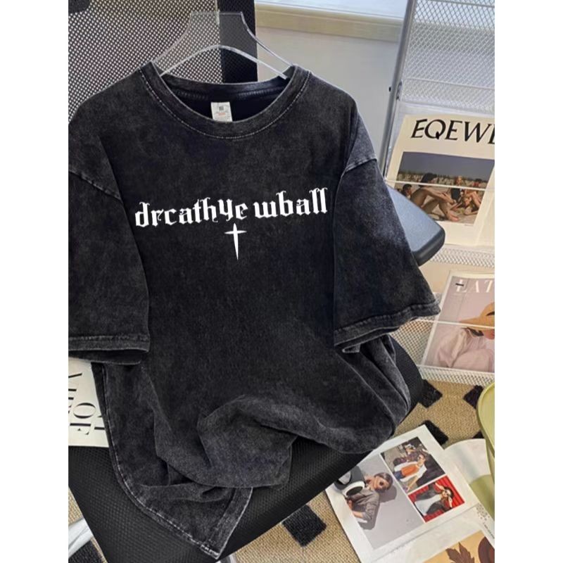 （จัดส่งตลอด 24 ชั่วโมง）เสื้อยืดฟอก oversize ผ้าฝ้าย 100% โอเวอร์ไซซ์ สีดําเข้ม สไตล์ฮิปฮอป เรโทร เสื้อยืดชายและหญิง1