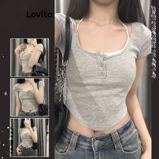 Lovito เสื้อยืดลําลอง สองชิ้น สําหรับผู้หญิง LNE21099 (สีเทา)