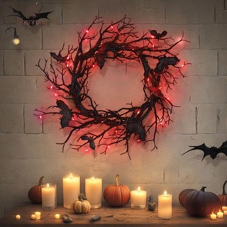 Shanrong halloween พวงมาลัยค้างคาวพลาสติก มีไฟ LED สีดํา สีแดง ทนทาน สําหรับตกแต่งปาร์ตี้ฮาโลวีน