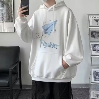 เสื้อกันหนาวแขนยาว มีฮู้ด พิมพ์ลายการ์ตูนเครื่องบินกระดาษ ขนาดใหญ่ แฟชั่นฤดูหนาว สําหรับผู้ชาย และผู้หญิง ไซซ์ M - 5XL มีสีดํา สีเทา