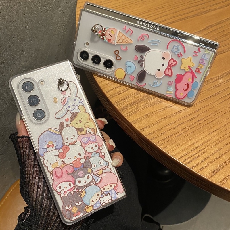 เคสโทรศัพท์มือถือแบบแข็ง ใส กันกระแทก ลายภาพวาด Pochacco Dog Sanrio Hello Kitty พร้อมสายคล้องมือ สําหรับ Samsung Galaxy Z Fold 5 4 3 2 5G Z Fold5 Fold4 Fold3 Fold2