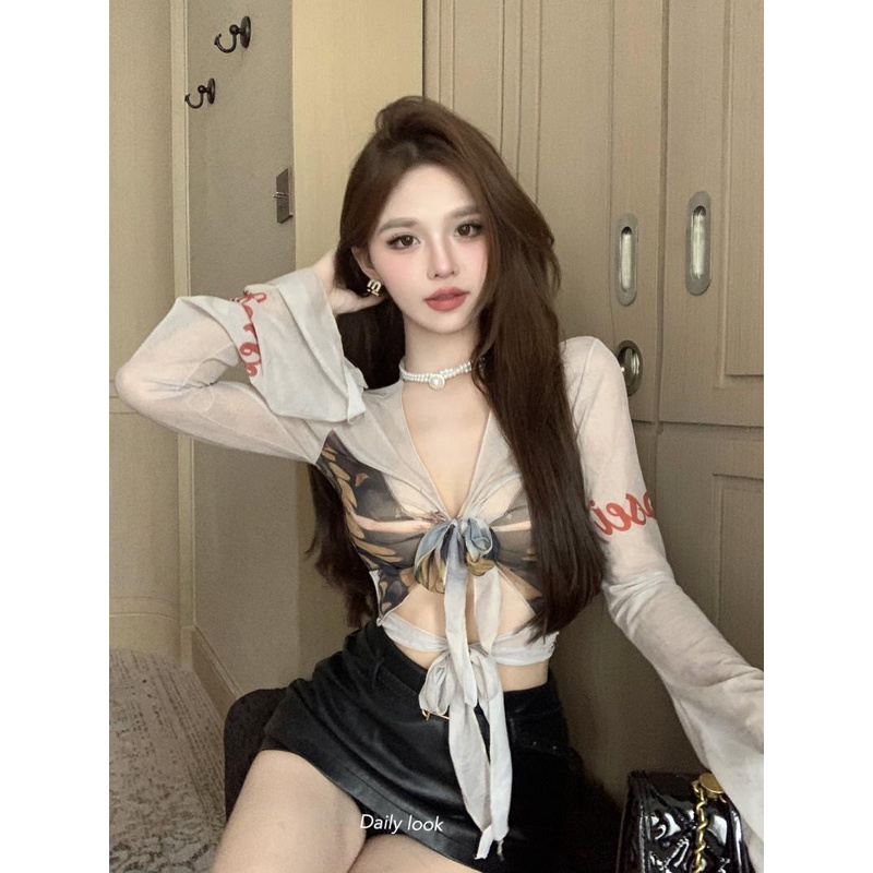 เสื้อยืดแขนยาว ผ้าตาข่าย ลายผีเสื้อ แฟชั่นฤดูใบไม้ผลิ สไตล์อเมริกัน สําหรับผู้หญิง