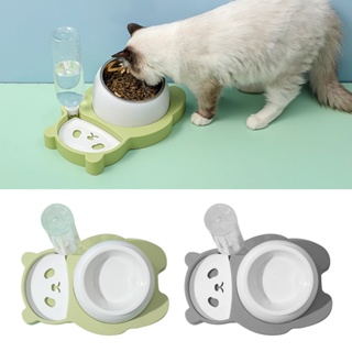 H.T.B.T Cat Food Bowl 4 in 1 Multifunctionl Cartoon Panda 15 Degree Tilted Raised Pet Water with Stainless Steel