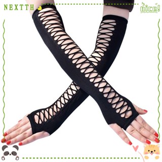 Nextth ถุงมือตาข่าย แบบยาว ยืดหยุ่น เปิดนิ้วมือ สไตล์พังก์ สําหรับผู้หญิง