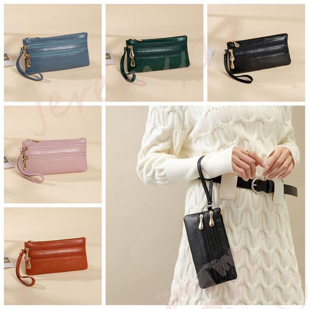 Jeremy1 กระเป๋าสตางค์ใบยาว ลายลิ้นจี่ สีพื้น สไตล์เกาหลี มีซิปสองช่อง แบบพกพา กระเป๋าถือ จุของได้เยอะ สําหรับผู้หญิง และผู้ชาย