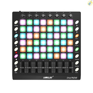 Worlde PAD48 ตัวควบคุมแผ่นกลอง MIDI USB 48 RGB แบ็คไลท์ 8 ลูกบิด 16 ปุ่ม 8 สไลด์ พร้อมสาย USB