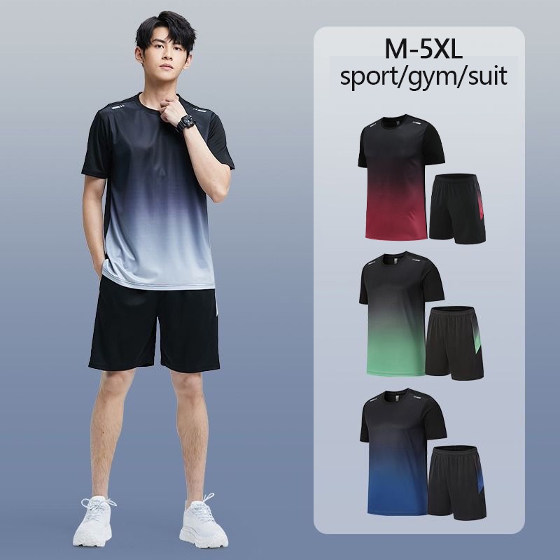 ฤดูร้อนใหม่ชุดกีฬาผู้ชายระบายอากาศแห้งเร็วยิมแขนสั้นเสื้อยืดและกางเกงขาสั้นวิ่งออกกำลังกายการฝึกอบรมวิ่งท็อปส์สีเขียวสีเทาอ่อนสีฟ้าสีแดง