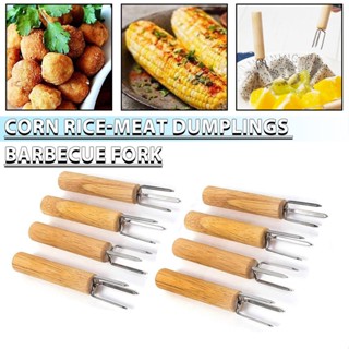 Stainless Steel Corn Holders Corn Cob Holder Corn Forks with Wood Handle for BBQ