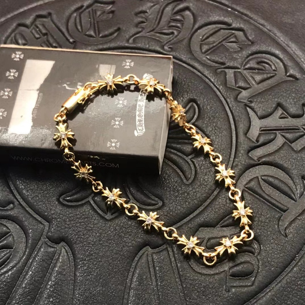 CHROME HEARTS สร้อยข้อมือ ชุบทอง 22K ประดับเพชร ลายดอกไม้ สไตล์พังก์ ยุโรป อเมริกัน เข้ากับทุกชุด สําหรับผู้ชาย และผู้หญิง