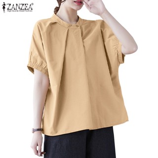 Zanzea เสื้อเชิ้ตแขนสั้น คอปกตั้ง จับจีบ ทรงไม่สมมาตร สไตล์เกาหลี สําหรับผู้หญิง