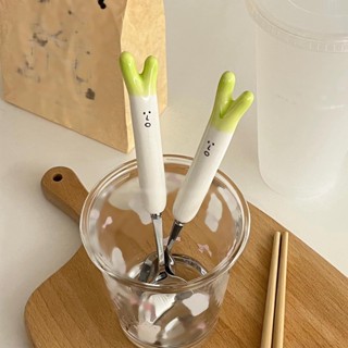 Joy Live Cartoon Fork Spoon Cute Green Onion Lightweight Stainless Steel Ceramic Cutlery Set for Living Room