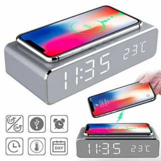 Digital Alarm Clock Wireless Charger Dock Mirror Face Clock with Thermometer