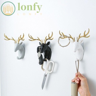 Lonfy ตะขอแขวน รูปหัวกวาง กวาง กวาง ABS ติดผนัง ไม่ทิ้งรอย สําหรับแขวนกุญแจ หมวก