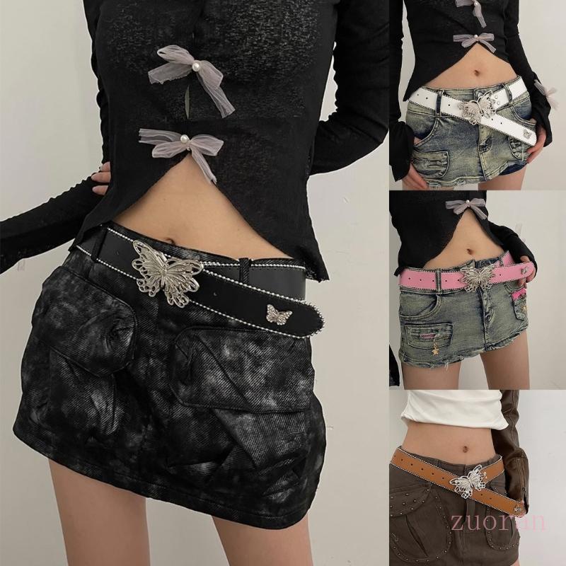 PU Leathers Belt Pin Buckle Belt Y2K Butterfly Buckle Wide Belt Adult Waistband