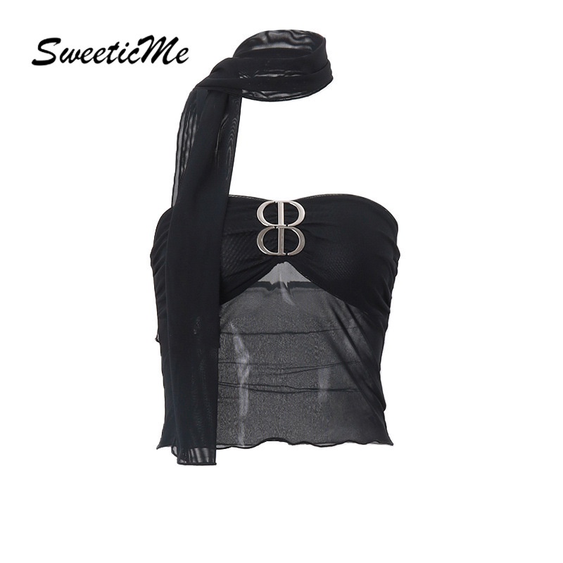 SweeticMe แฟชั่นใหม่ของผู้หญิงสีทึบเซ็กซี่ Halter Slim Fit Causal All Match Tube Tops