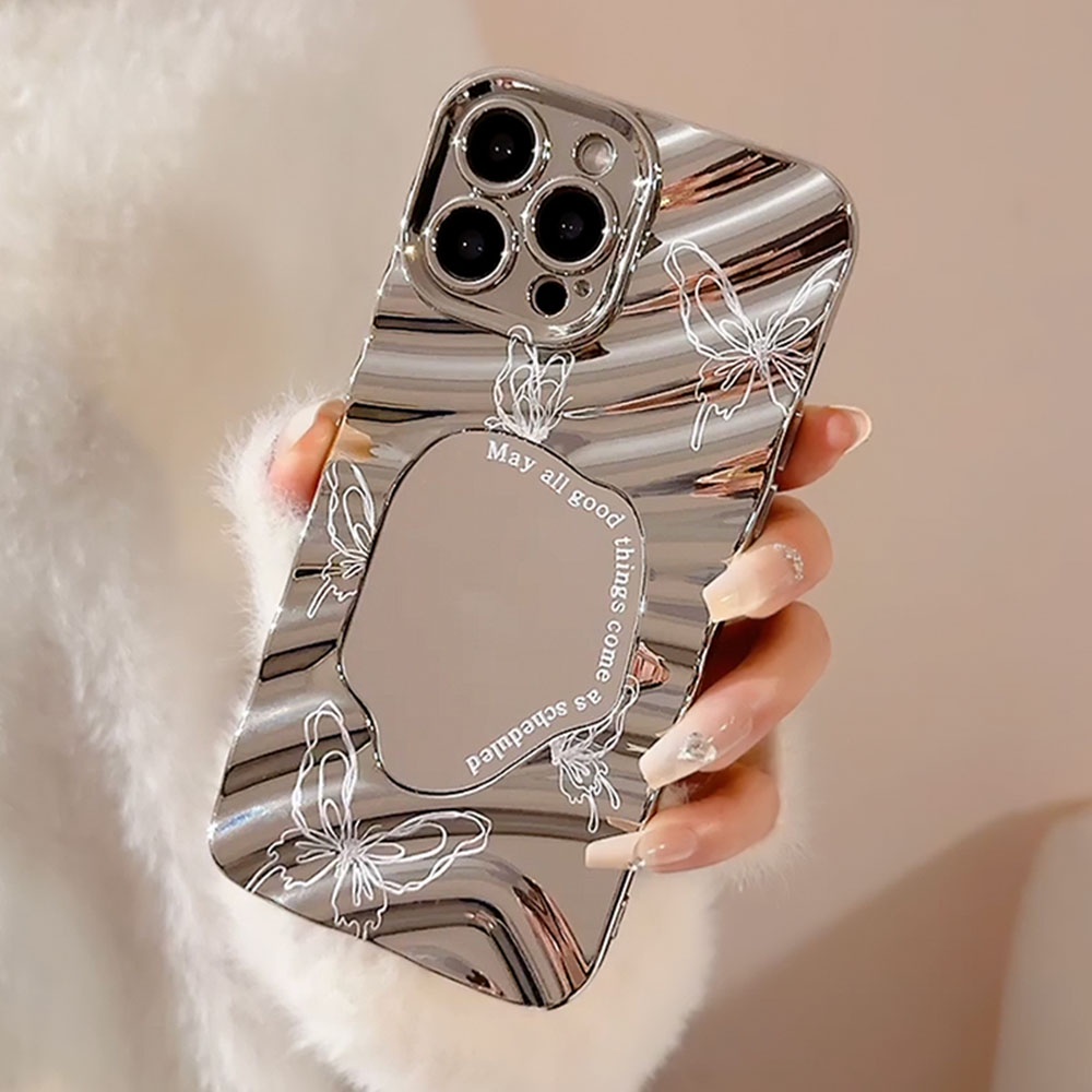เคสโทรศัพท์มือถือนิ่ม กันกระแทก ลายผีเสื้อ พร้อมกระจกแต่งหน้า สําหรับ iPhone 15 14 Plus 13 11 12 Pro Max XS XR X 7 8