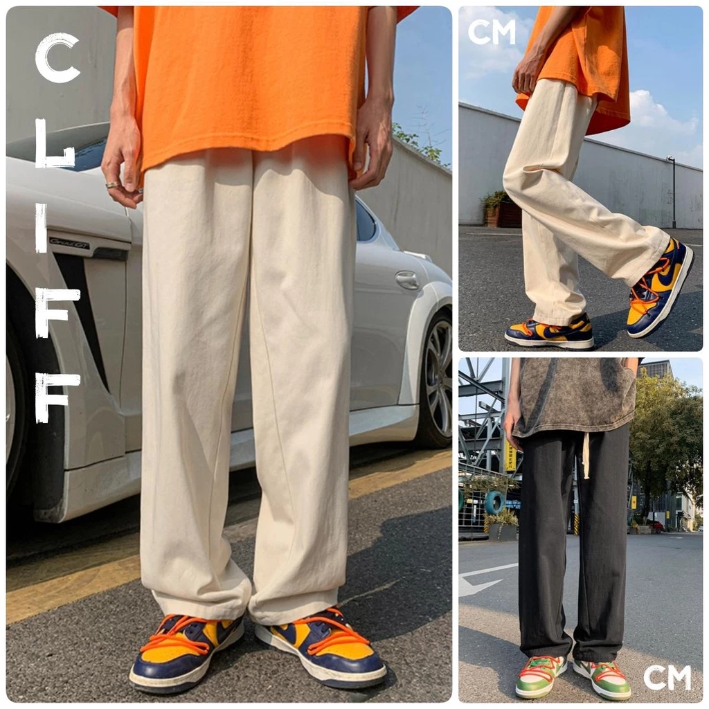 CLIFF -COD✅กางเกงสแล็คผู้ชาย ซีรีย์สีบริสุทธิ์ เวอร์ชันเวอร์ชันหลวมตรง การสูบเชือกเหมือนเอวหลวม Casual Plain Black