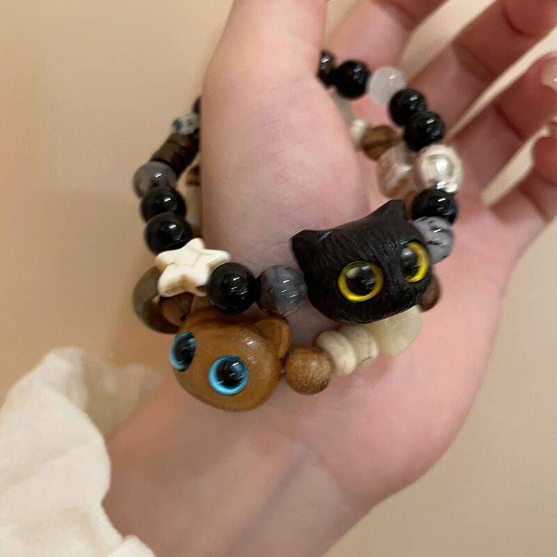เครื่องประดับ สร้อยข้อมือ ประดับลูกปัดหินธรรมชาติ ลายการ์ตูนแมวน่ารัก สามารถปรับได้ เหมาะกับของขวัญวันวาเลนไทน์ สําหรับผู้หญิง