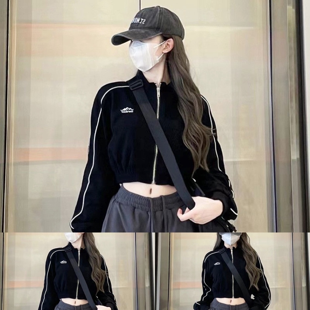 F1🚀ส่งไว เสื้อแจ็คเก็ตครอป สีดำ คอสูง อกปักลาย shier ซิปหน้าแขนยาวแต่งแถบเส้นบางสีขาว
