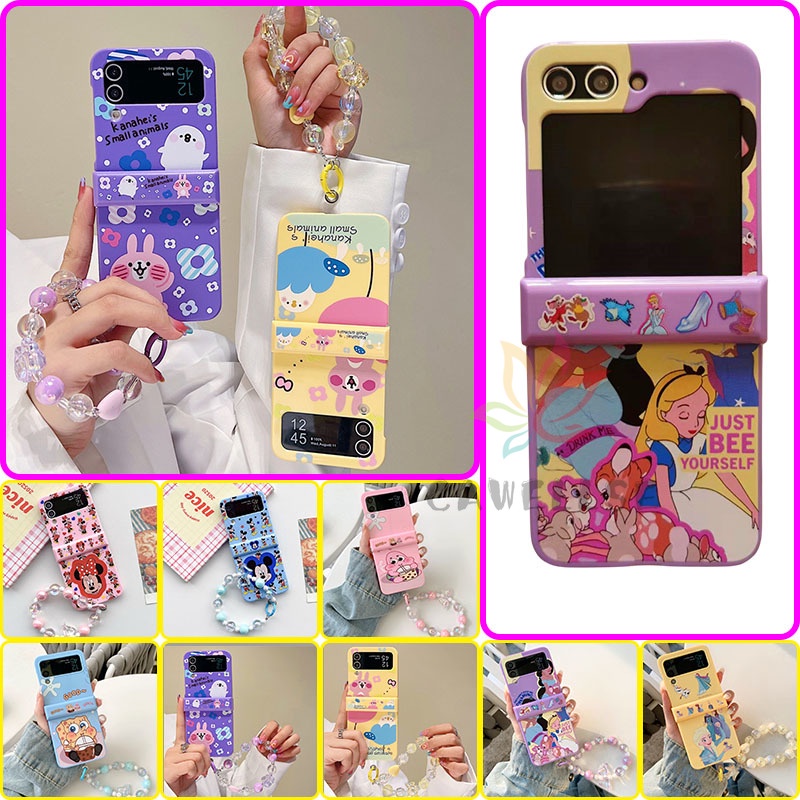 Samsung Galaxy Z Flip 6 Z Flip 5 เคสสีลูกกวาดพร้อมสายรัดข้อมือบานพับป้องกัน Catoon พิมพ์ปลอก Samsung Z Flip 4 Flip 5 Flip 6 Hard PC ฝาหลังพร้อมเชือกเส้นเล็ก