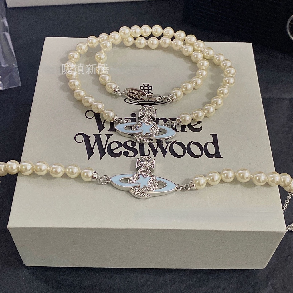 Westwood Vivienne สร้อยคอ สร้อยข้อมือ ประดับมุก ดาวเสาร์ สีฟ้า