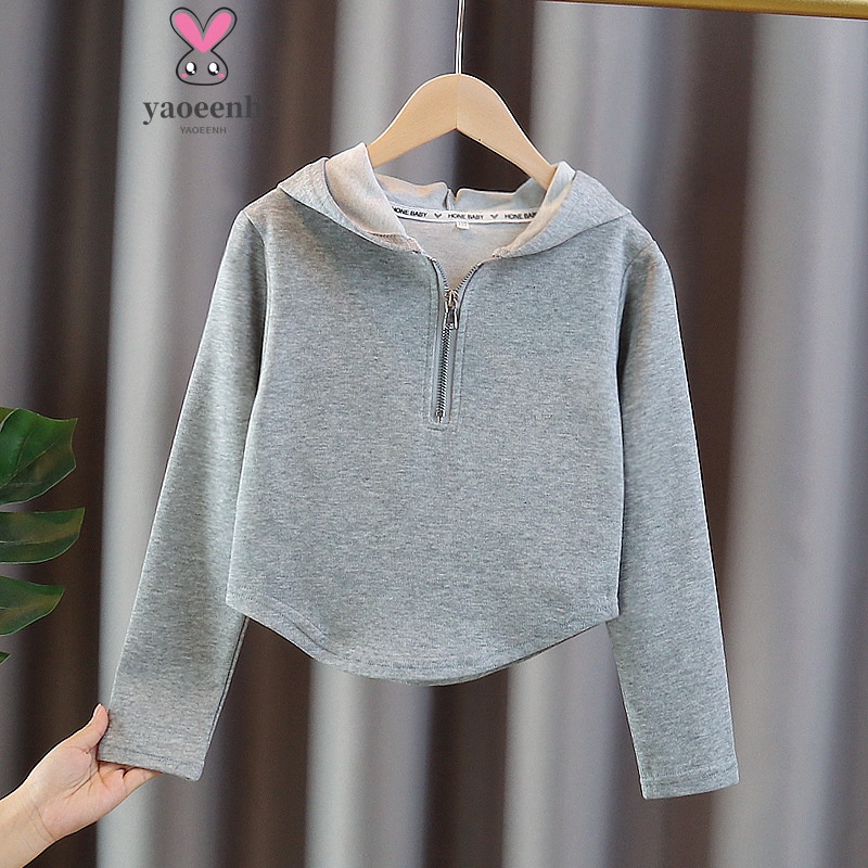 【YAOEENH】เสื้อกันหนาวแขนยาว มีฮู้ด แต่งซิปครึ่ง ขนาดใหญ่ เข้ากับทุกการแต่งกาย แฟชั่นฤดูใบไม้ผลิ และฤดูใบไม้ร่วง สําหรับเด็กผู้หญิง ไซซ์ 110-170 ซม.