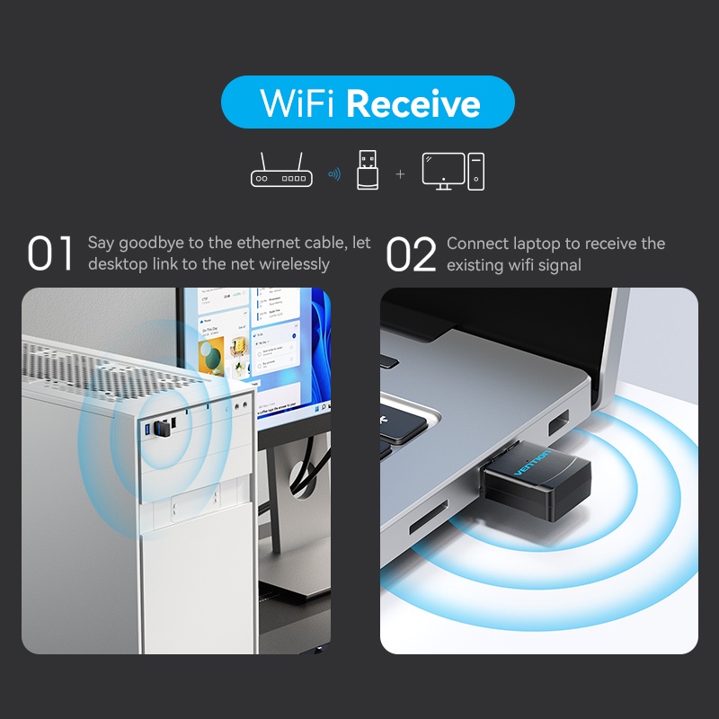 Vention อะแดปเตอร์รับสัญญาณเครือข่าย WiFi USB 600Mbps 2.4G+5GHz Dual Band ไร้สาย Mini WiFi สําหรับ PC เดสก์ท็อป แล็ปท็อป Wi-Fi Receiver