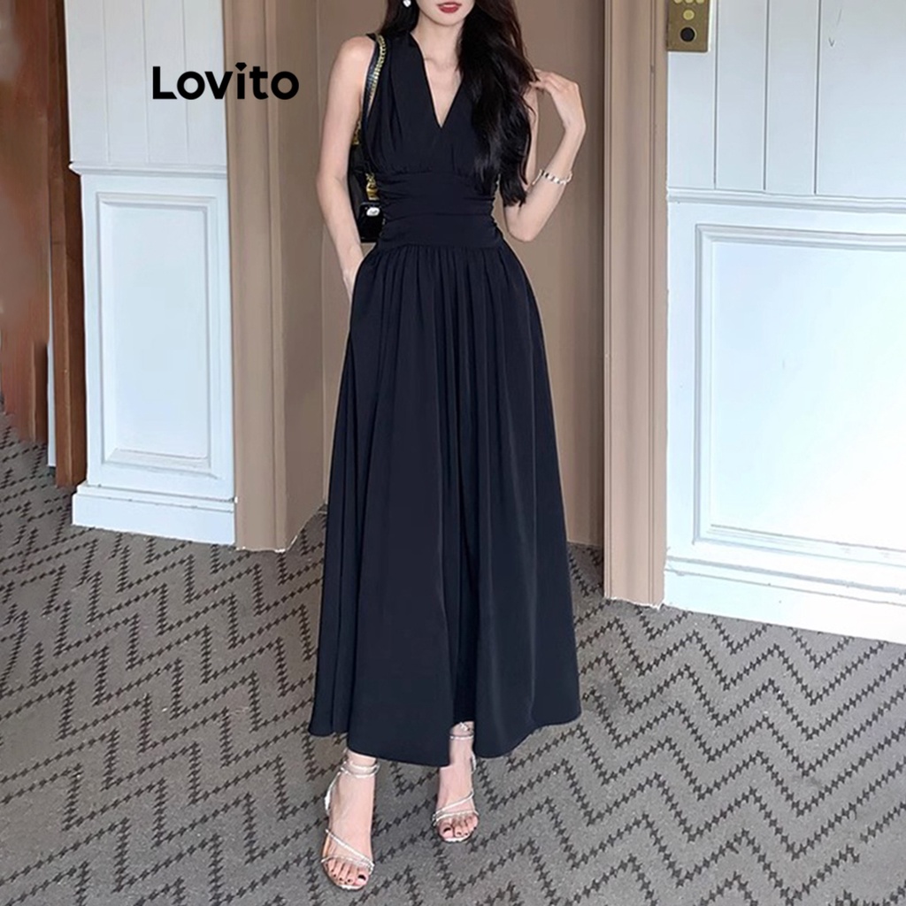 Lovito ชุดเดรสผู้หญิง จีบย่น สีพื้น หรูหรา LNE24103 (สีดำ)