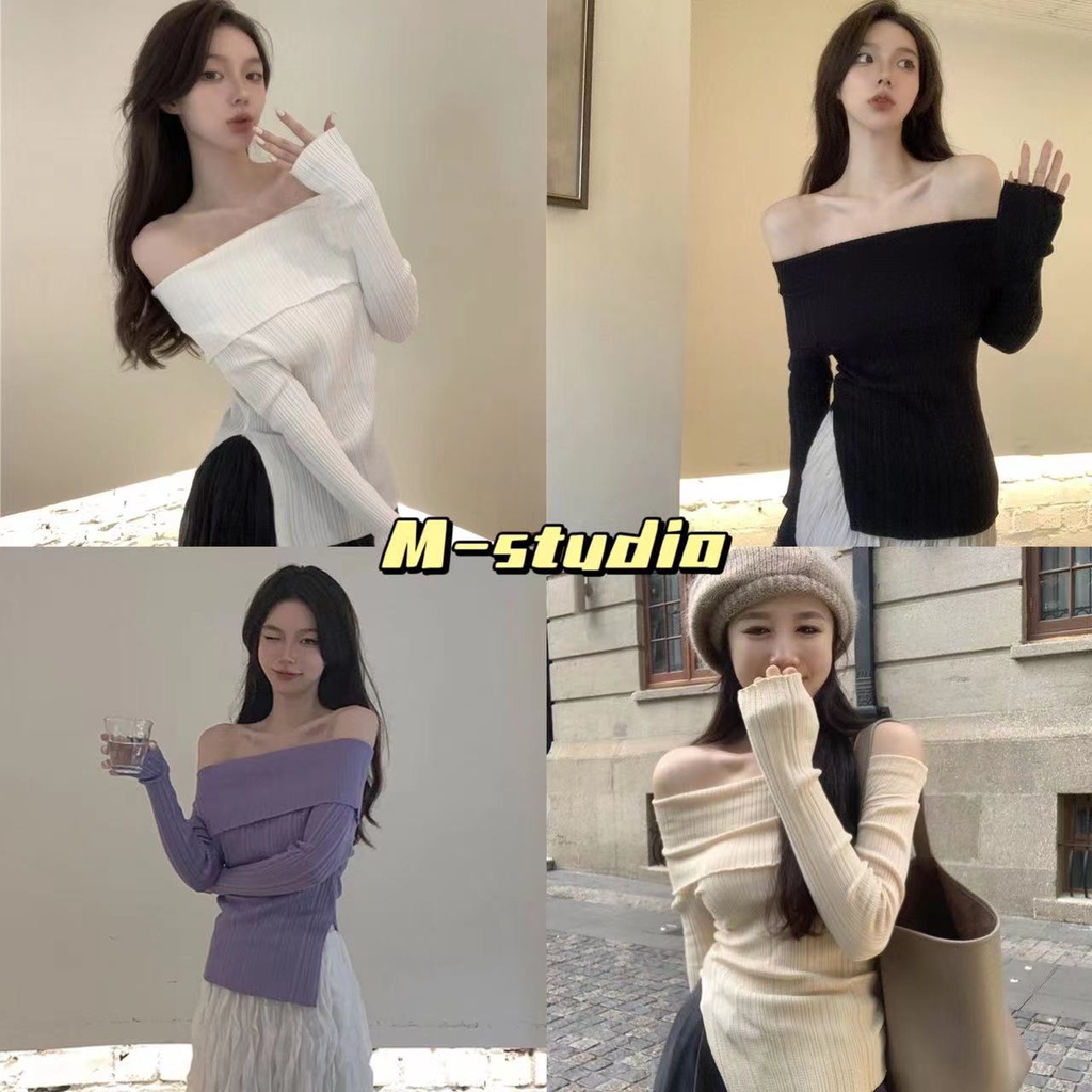 Maze*พร้อมส่ง*เสื้อปาดไหล่ไหมพรมเกาหลี ปาดไหล่ผ้าร่องผ่าข้าง ทรงเก๋ๆ สไตล์คุณหนู(98117)
