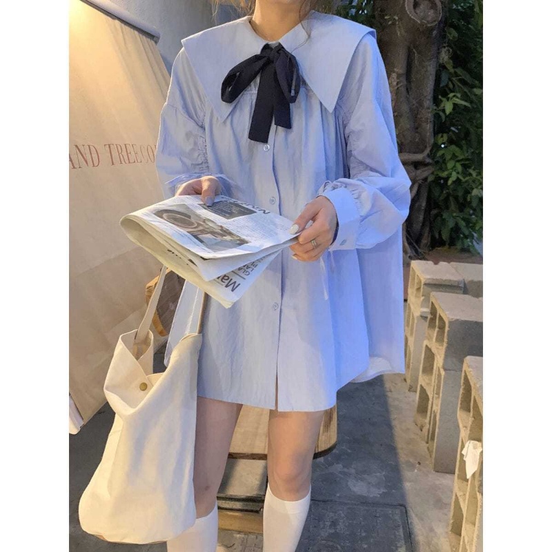 Milyfashion เสื้อเชิ้ตแขนยาว กระโปรง ทรงหลวม สีฟ้า ขนาดเล็ก แฟชั่นสําหรับผู้หญิง